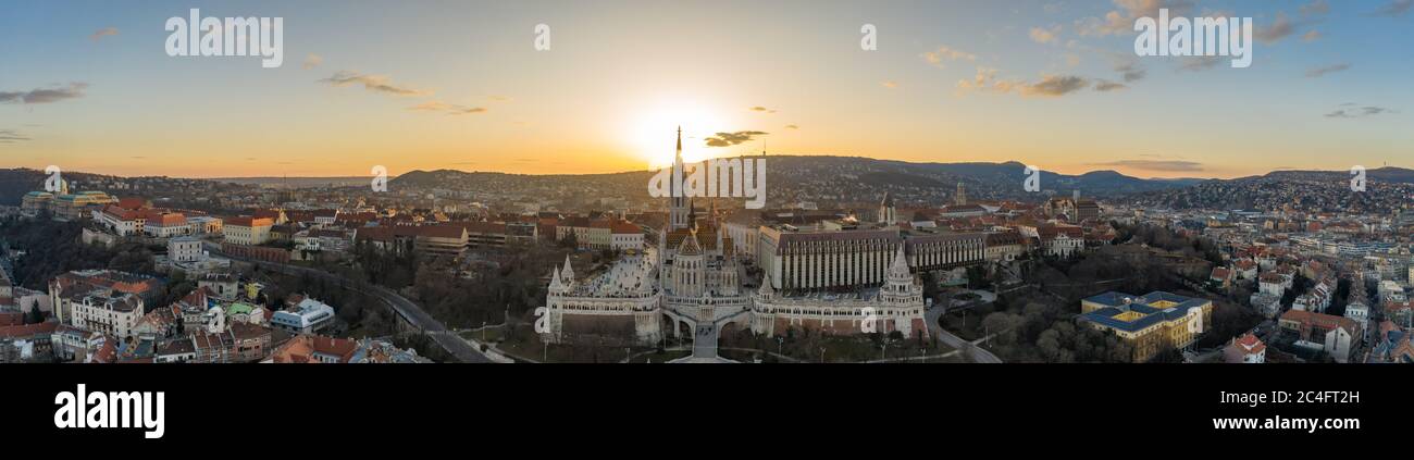 Aerial panorama drone shot of Fisherman's Bastion on Buda Hill in ...