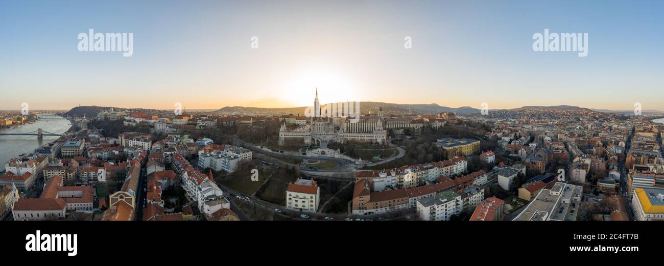 Aerial panorama drone shot of Fisherman's Bastion on Buda Hill in ...