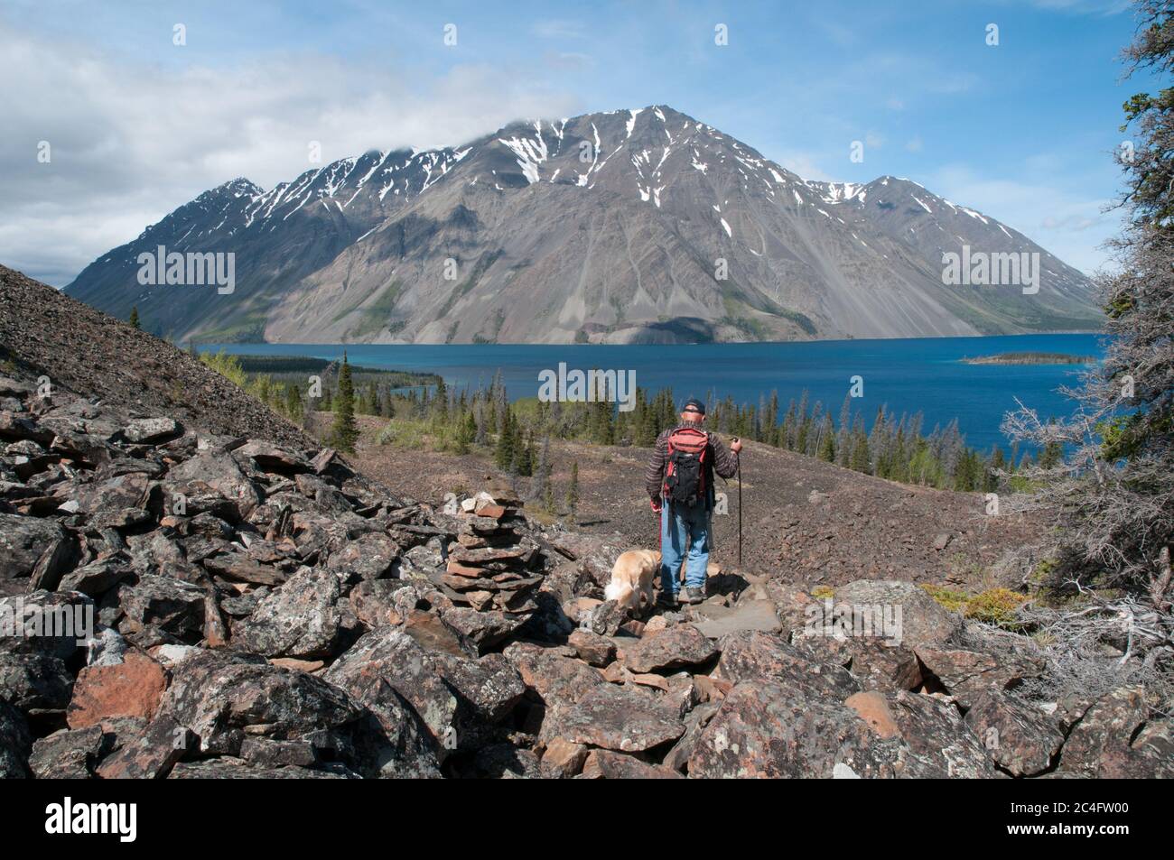A male hiker walking with his dog past a rockslide on a hiking trail at Kathleen Lake in Kluane National Park, Yukon Territory, Canada Stock Photo