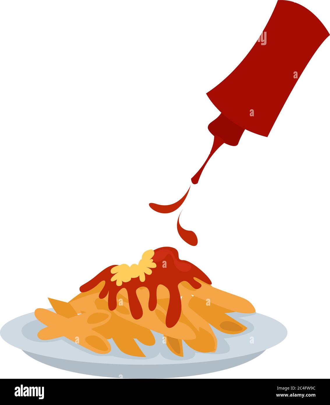 Ketchup on pasta, illustration, vector on white background Stock Vector