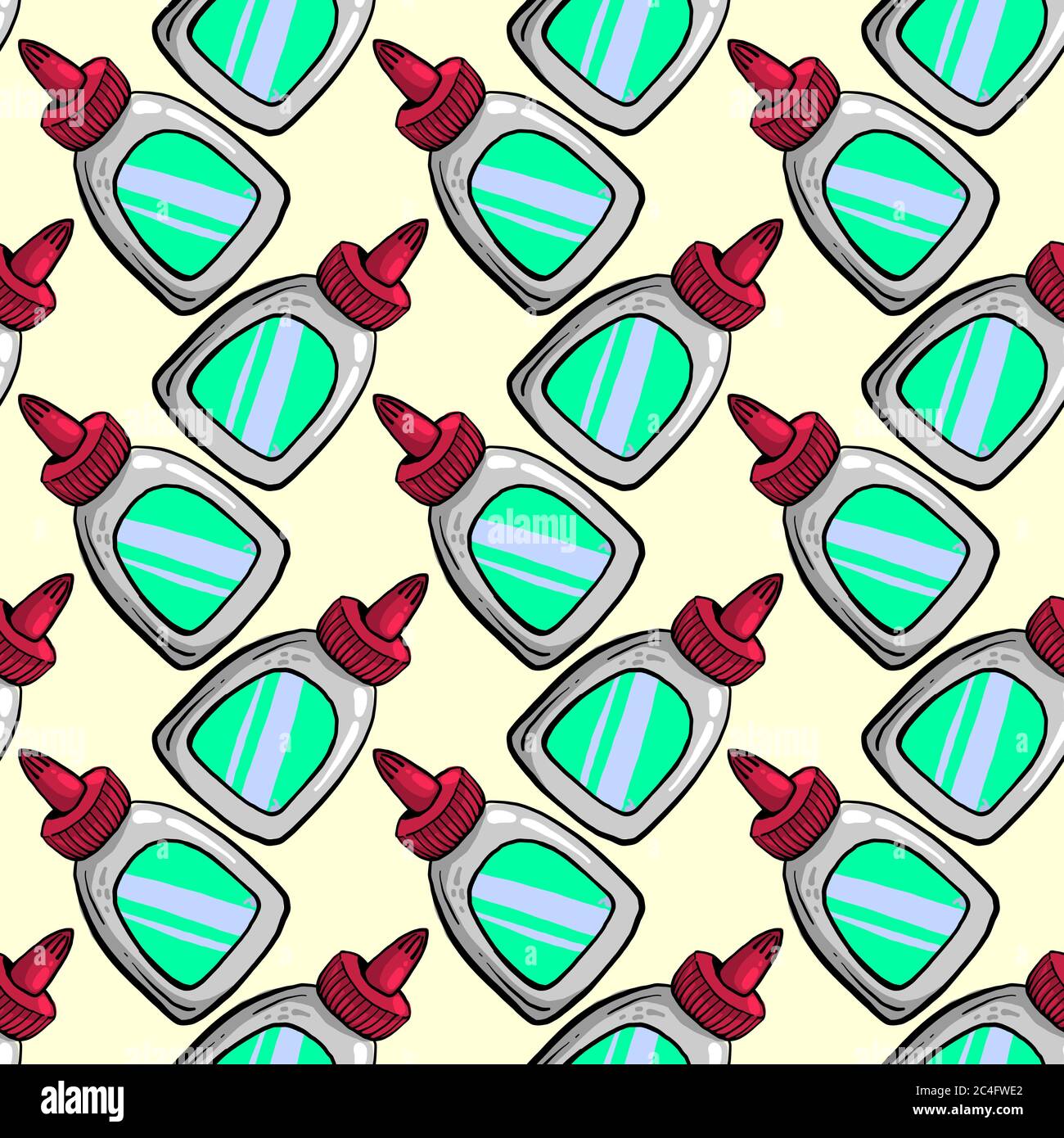 Glue in bottle, seamless pattern on bright background. Stock Vector