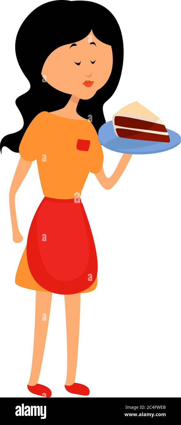 Woman with piece of cake, illustration, vector on white background