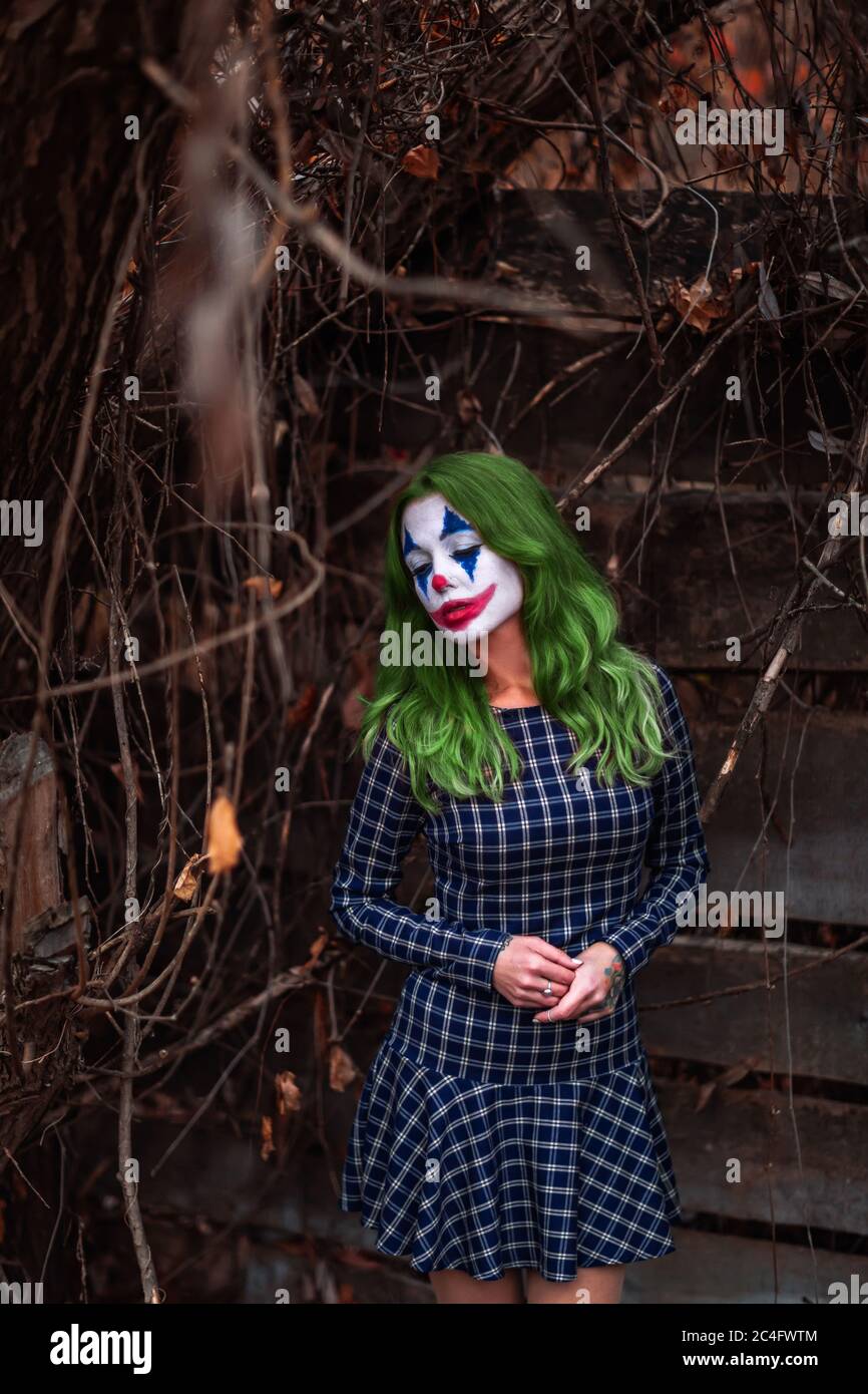 Portrait of a greenhaired girl in chekered dress with joker makeup on a atmospheric wooden background. Stock Photo