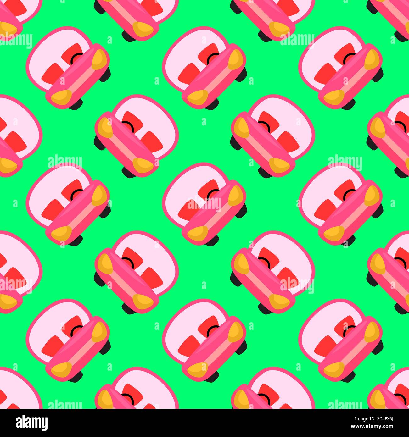 Pink car, seamless pattern on green background. Stock Vector