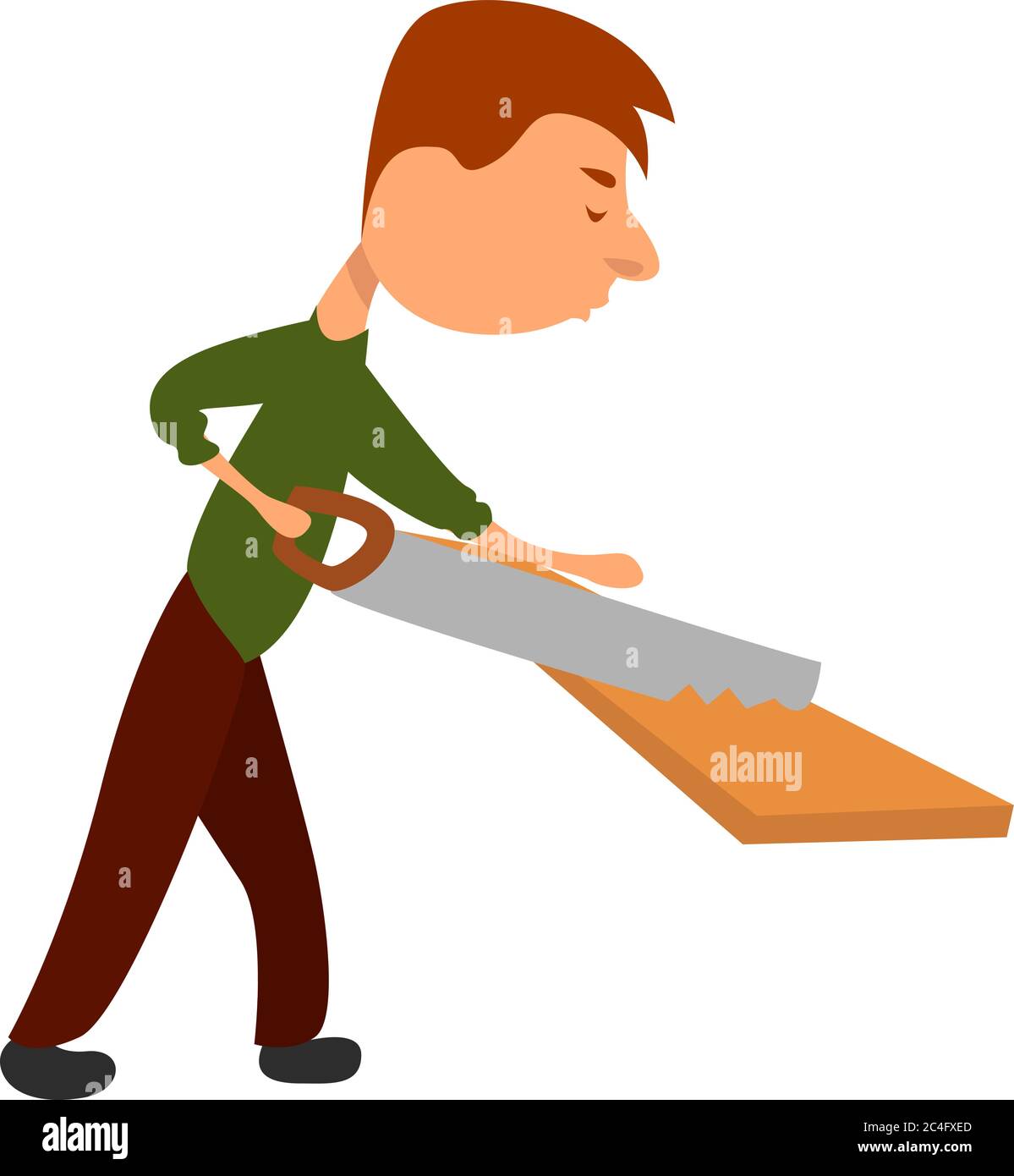 Man with hand saw, illustration, vector on white background Stock Vector