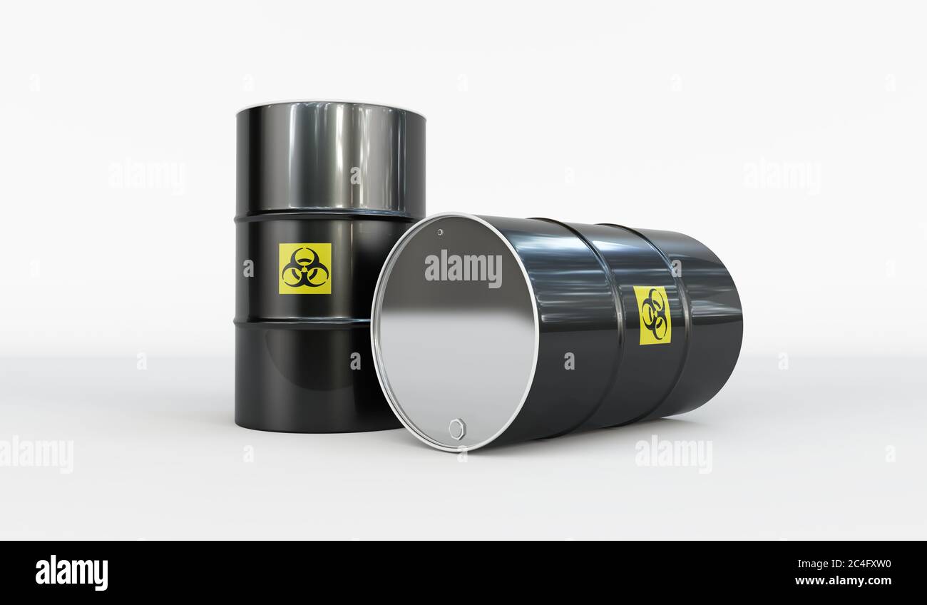 3D render of a couple of steel barrels with radioactive or hazardous material Stock Photo