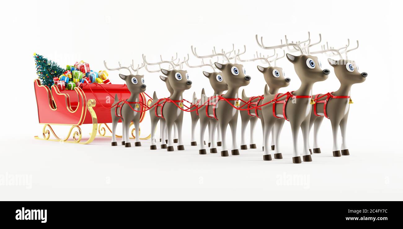 3d rendering of Santa Claus sleigh full of presents and pulled by ...