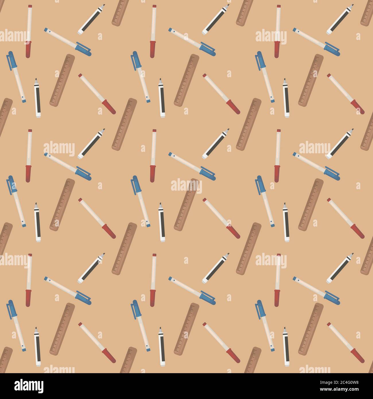 Pens and ruler, seamless pattern on orange background. Stock Vector