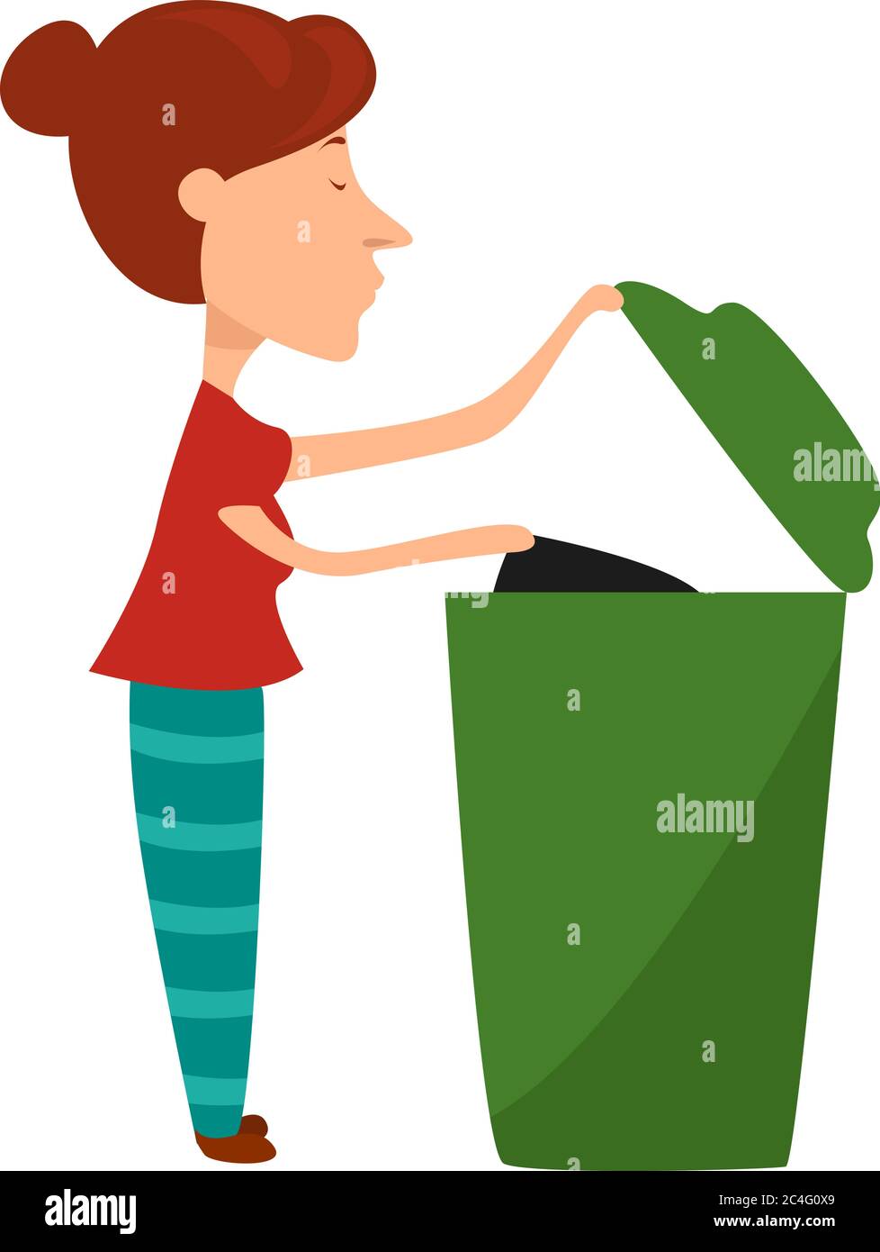 Woman taking out trash, illustration, vector on white background Stock Vector