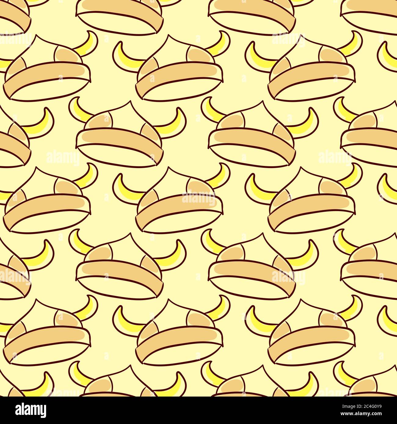Viking helmet, seamless pattern on yellow background. Stock Vector
