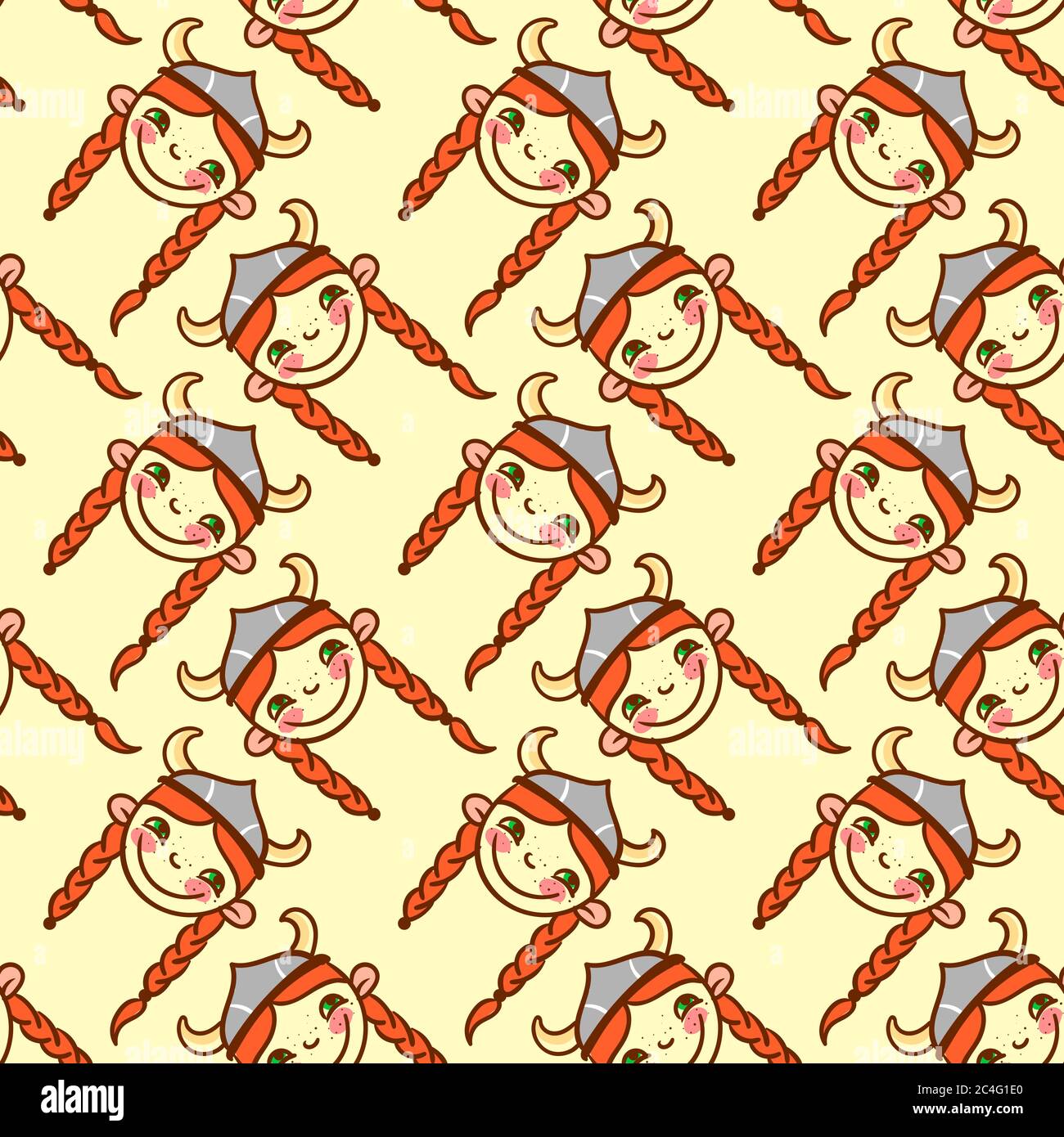 Viking girl pattern, seamless pattern on yellow background. Stock Vector