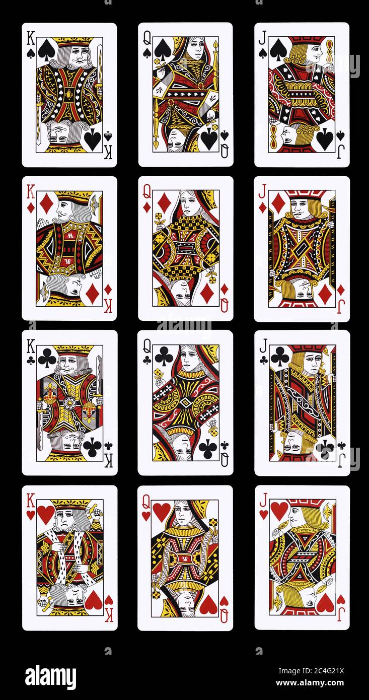 Poker J Q K playing cards isolated on black Stock Photo Alamy
