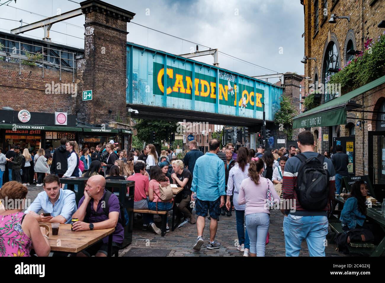 Outdoor seating restaurants at the Camden Town street market in London Stock Photo