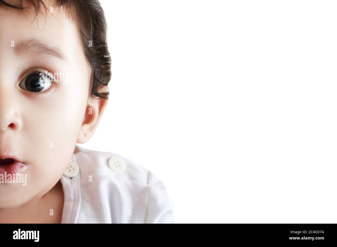 Surprised adorable  child close-up portrait isolated on white background Stock Photo