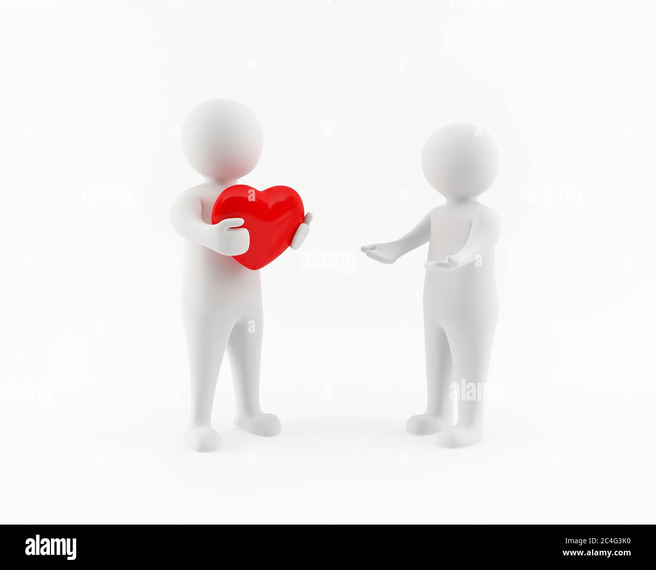 3D man offering a red heart to a woman - Valentine's Day concept Stock Photo