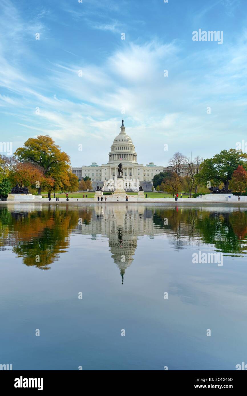 Reflections of the United States Capitol Building and the Ulysses S. Grant Memorial are seen in the Capitol Reflecting Pool, Washington, DC, USA Stock Photo