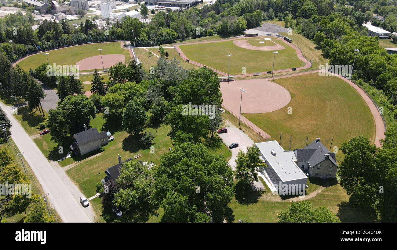 Baseball Hall of Fame and Baseball Diamonds Aerial - St Marys Ontario 2020 Stock Photo