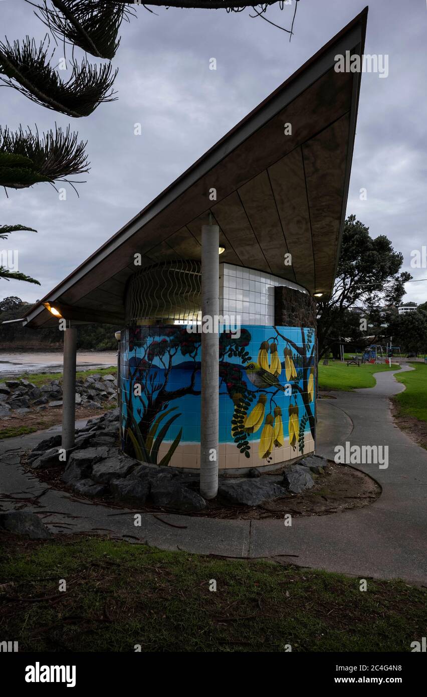 Stanmore Bay Beach Auckland New Zealand. Beach art on the beach toilet