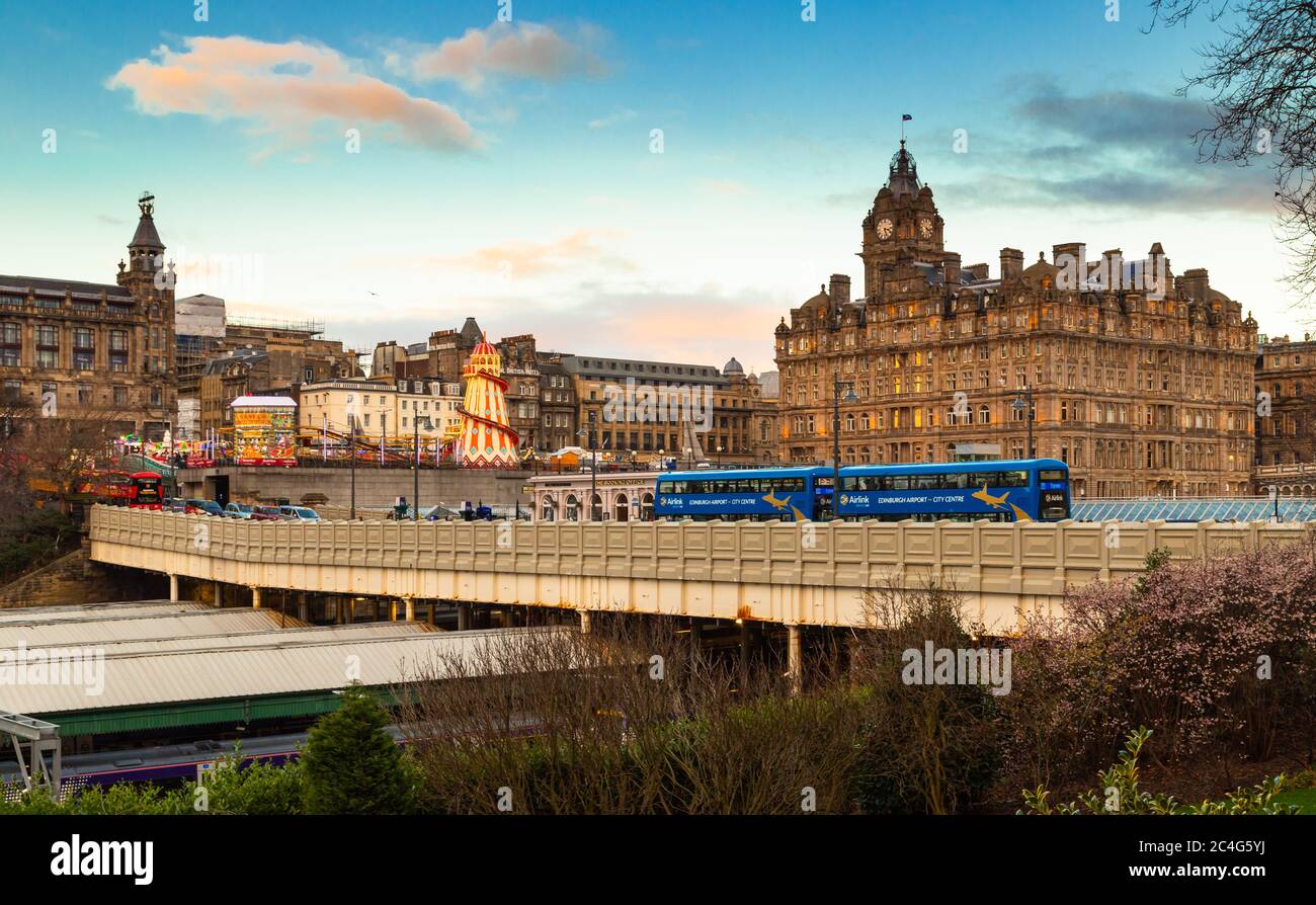 Waverley Bridge and the Balmoral Hotel on New Years Day, Edinburgh, Scotland, United Kingdom. Stock Photo