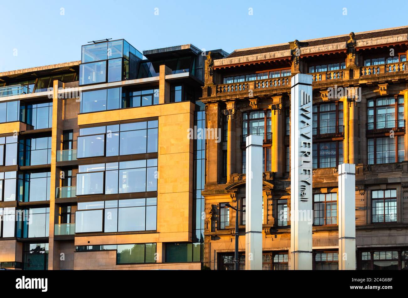 Waverley Mall sign and buildings on Princes Street, Edinburgh, Scotland, United Kingdom. Stock Photo