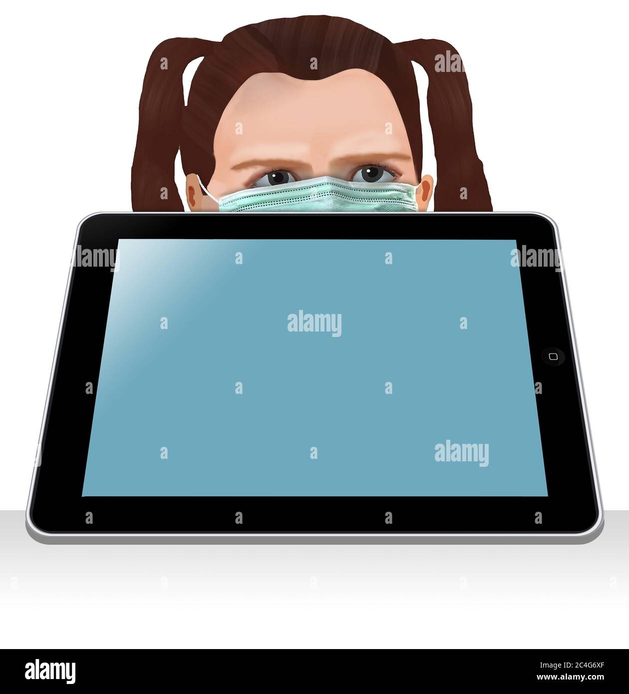 A young girl, a student, wearing a surgical mask, peeks over the top of an electronic tablet she uses to do e-learning. There is blank text or copy ar Stock Photo