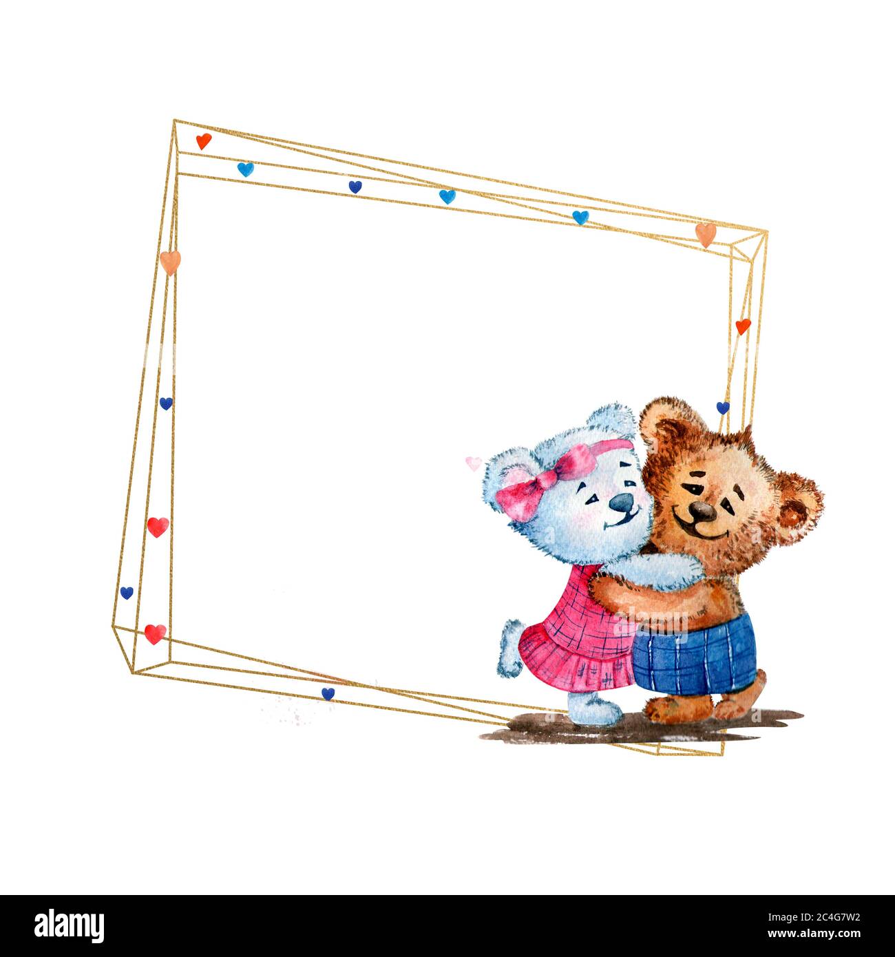 Cute bears on a gold frame. Frame for Valentine's day. Greeting card or invitation template. Stock Photo