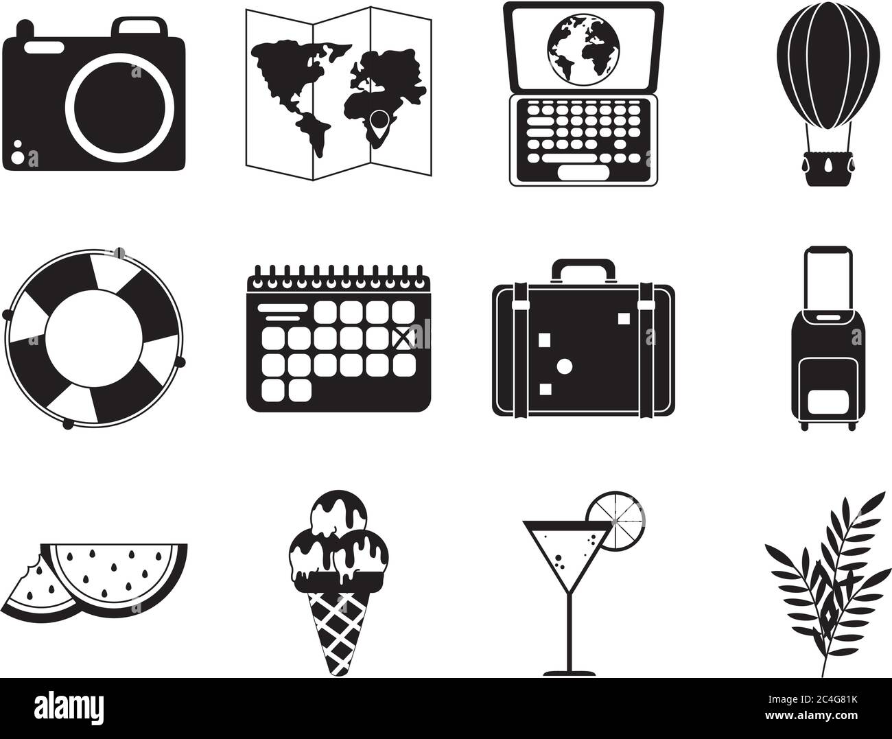 summer travel and vacation in silhouette style isolated icons set ...