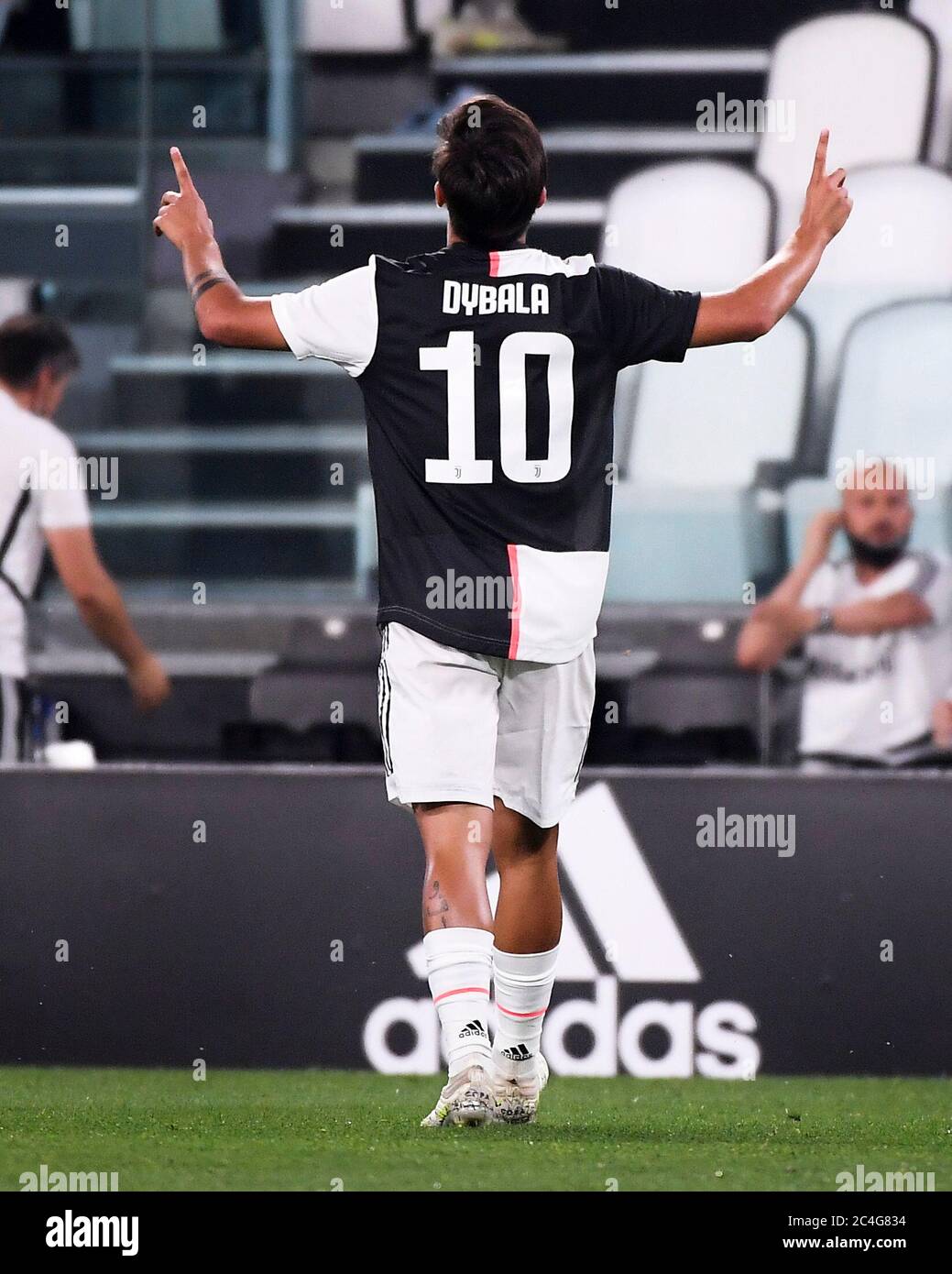 Turin Italy. 26th June 2020. FC Juventus Paulo Dybala celebrates his goal during a Serie A football match between FC Juventus and Lecce in Turin Italy June 26 2020. Credit Federico Tardito