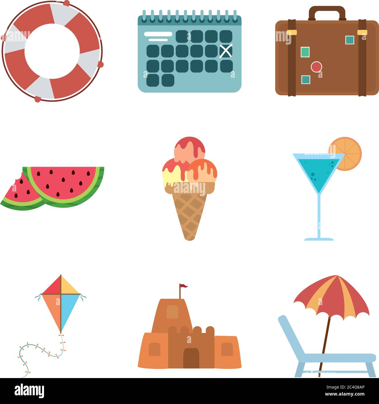 summer travel and vacation in flat style isolated icons set vector ...