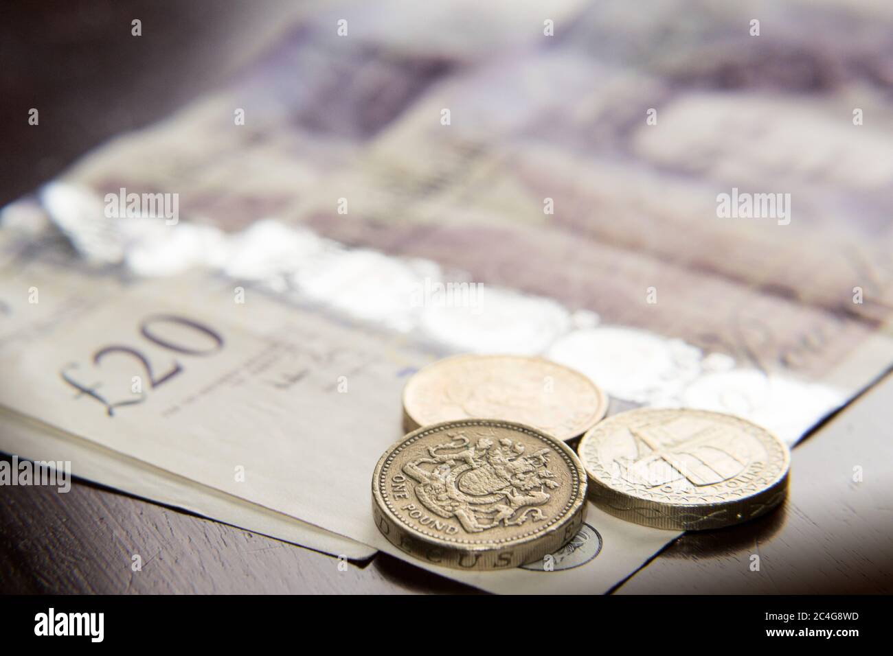 Close up Currency of United Kingdom,England, Pounds , sterling,banknotes, coins, Stock Photo