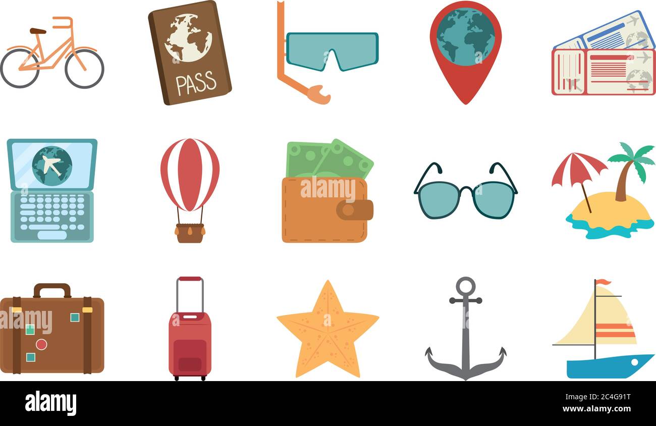 summer travel and vacation in flat style isolated icons set vector ...