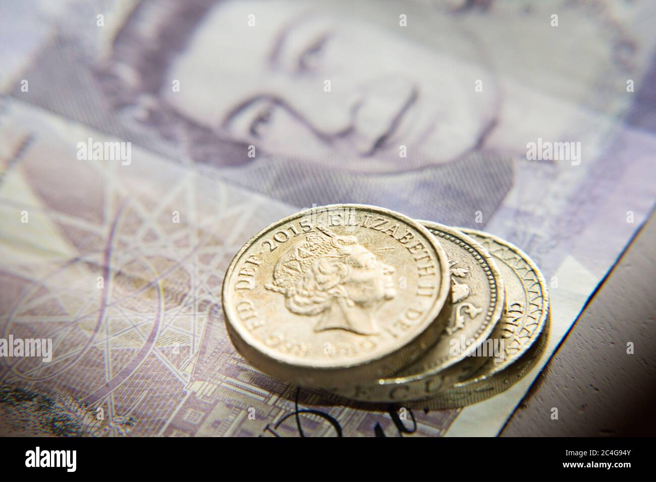 Close up Currency of United Kingdom,England, Pounds , sterling,banknotes, coins, Stock Photo
