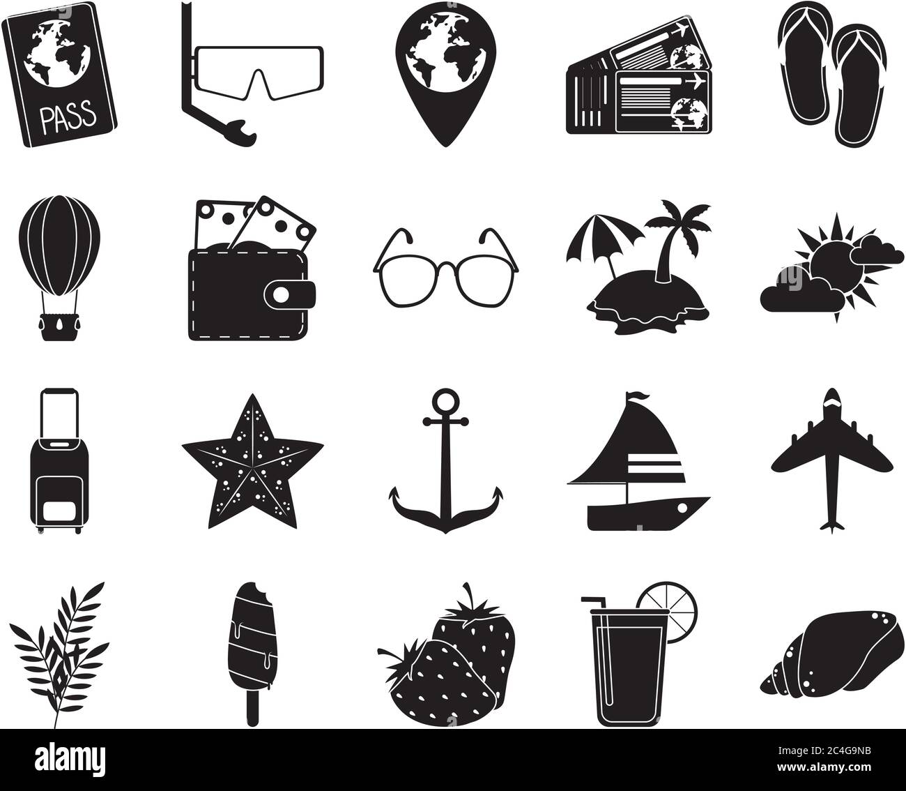 summer travel and vacation in silhouette style isolated icons set ...