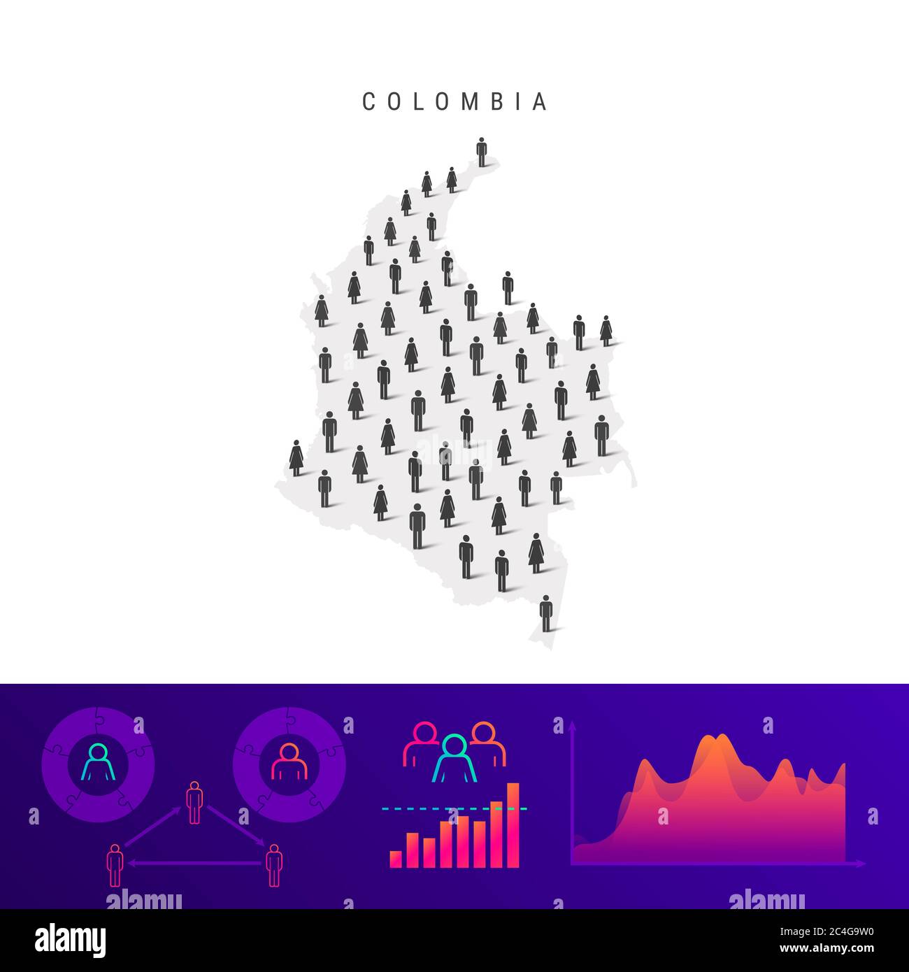 Colombian people icon map. Detailed silhouette. Mixed crowd of men and women. Population infographics. Isolated illustration. Stock Photo