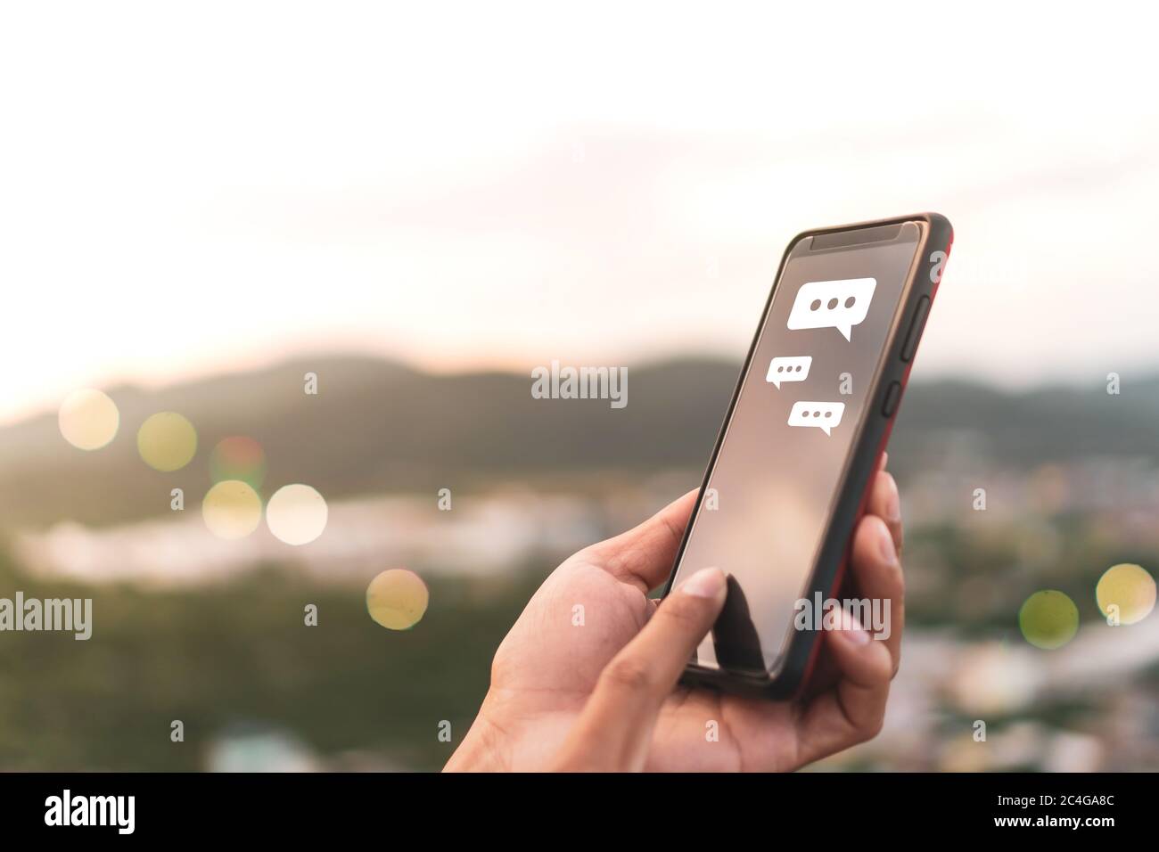 Women hand using smartphone typing, chatting conversation in chat box ...