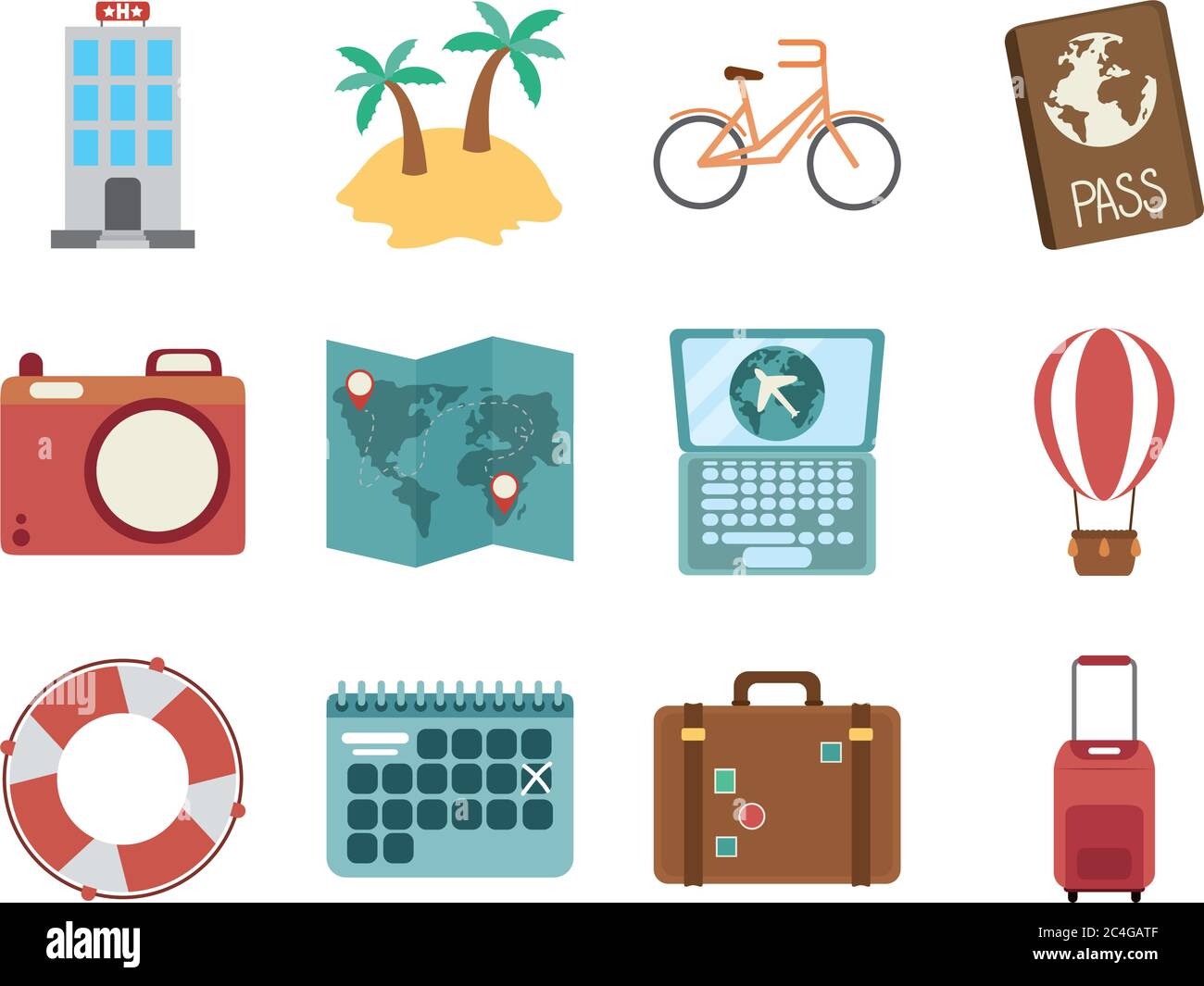 summer travel and vacation in flat style isolated icons set vector ...