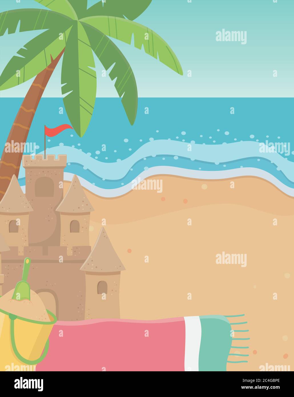 summer travel and vacation sand castle bucket towel palm beach vector ...