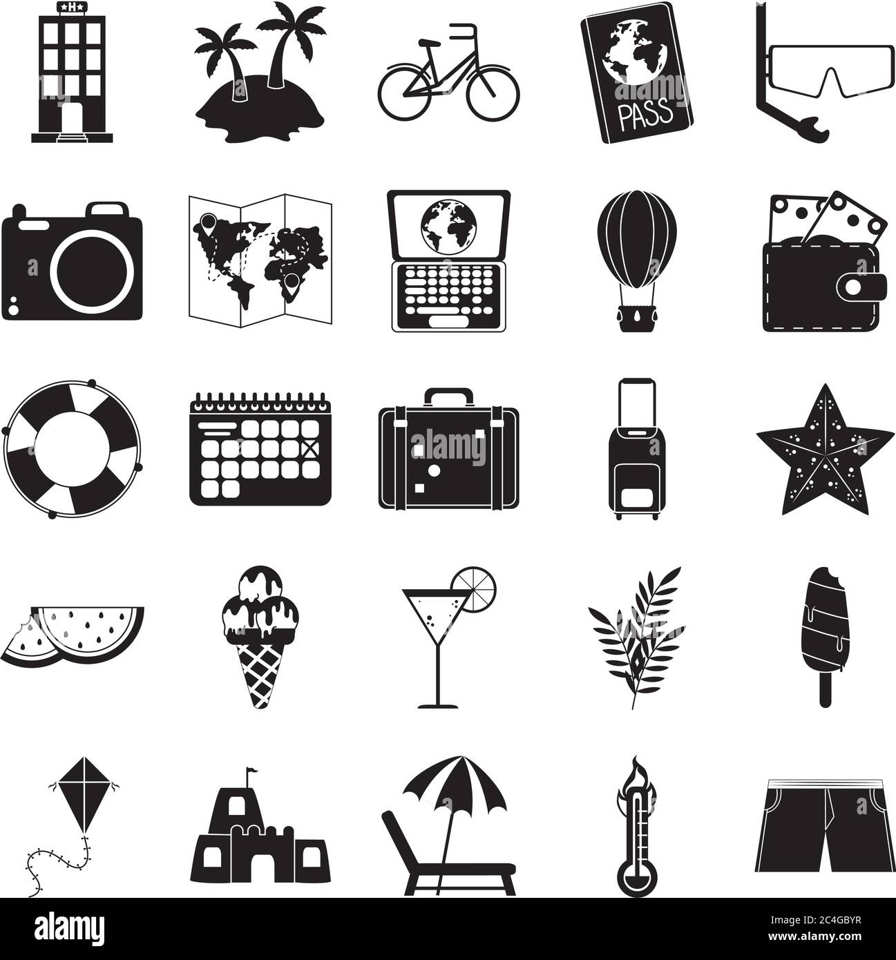summer travel and vacation in silhouette style isolated icons set ...