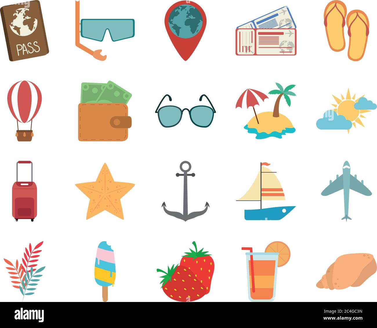 summer travel and vacation in flat style isolated icons set vector ...