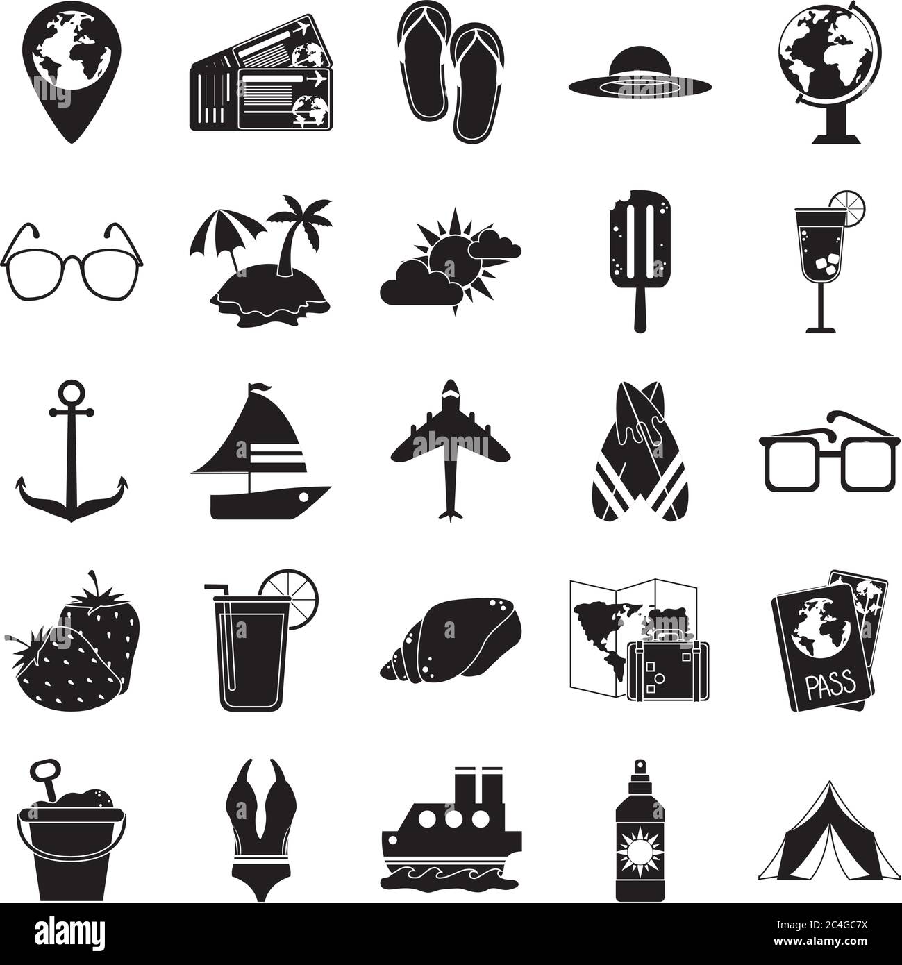 summer travel and vacation in silhouette style isolated icons set ...