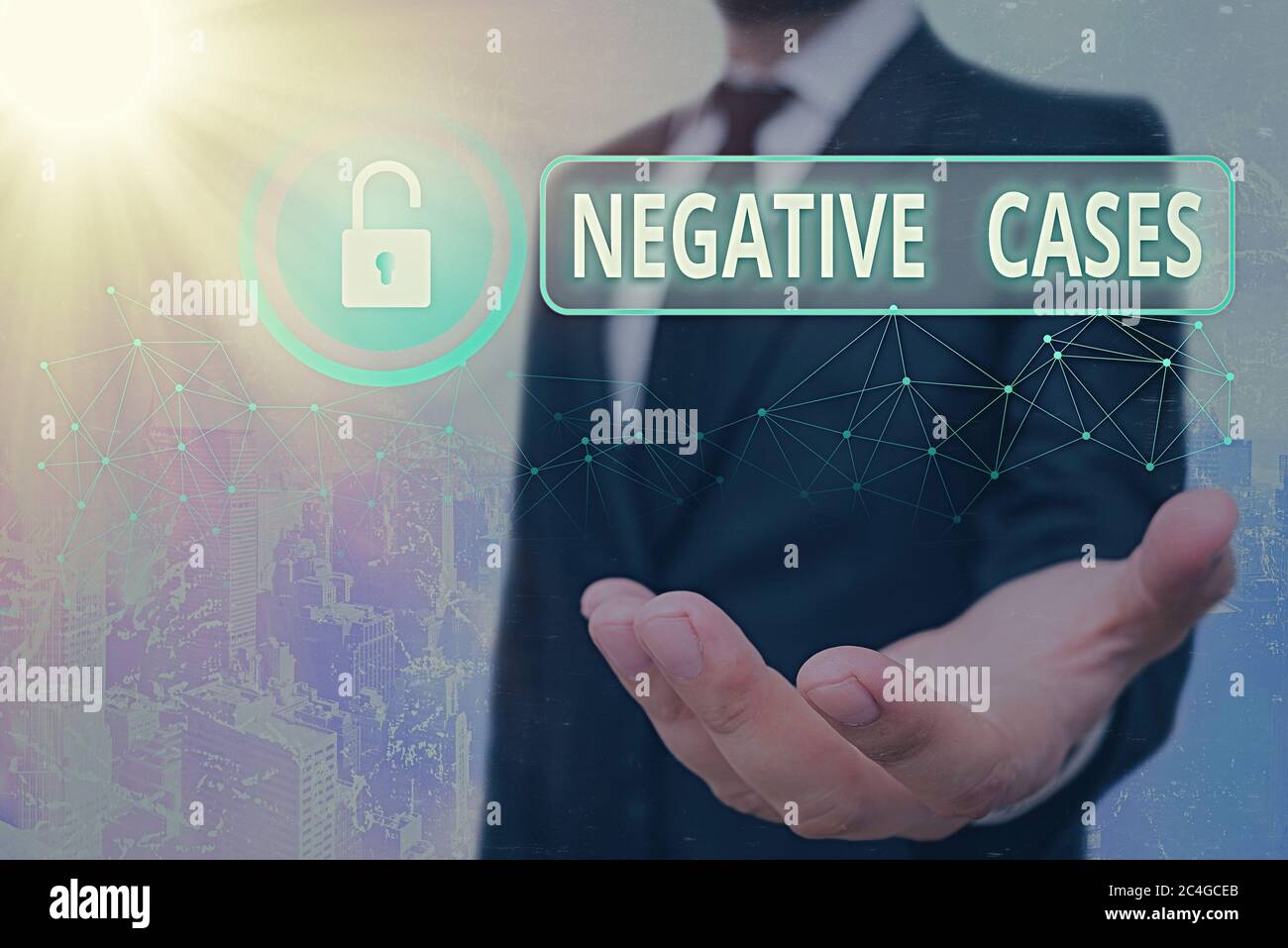 Text sign showing Negative Cases. Business photo showcasing circumstances or conditions that are confurmed to be false Graphics padlock for web data i Stock Photo