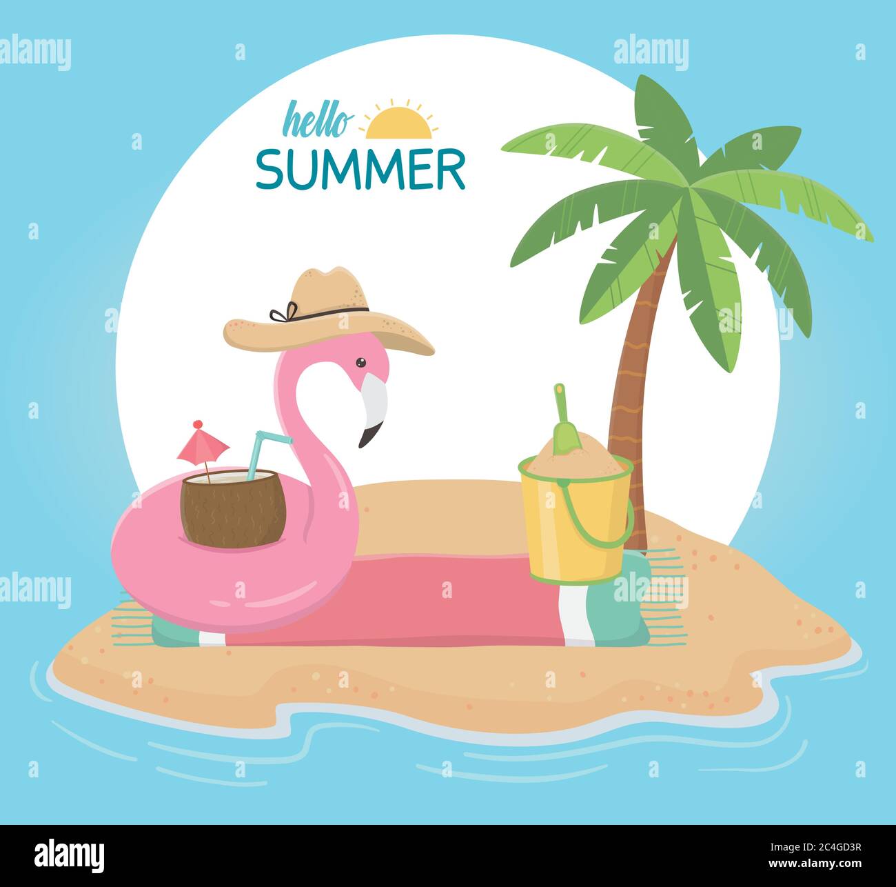 summer travel and vacation float flamingo with hat bucket cocktail in ...