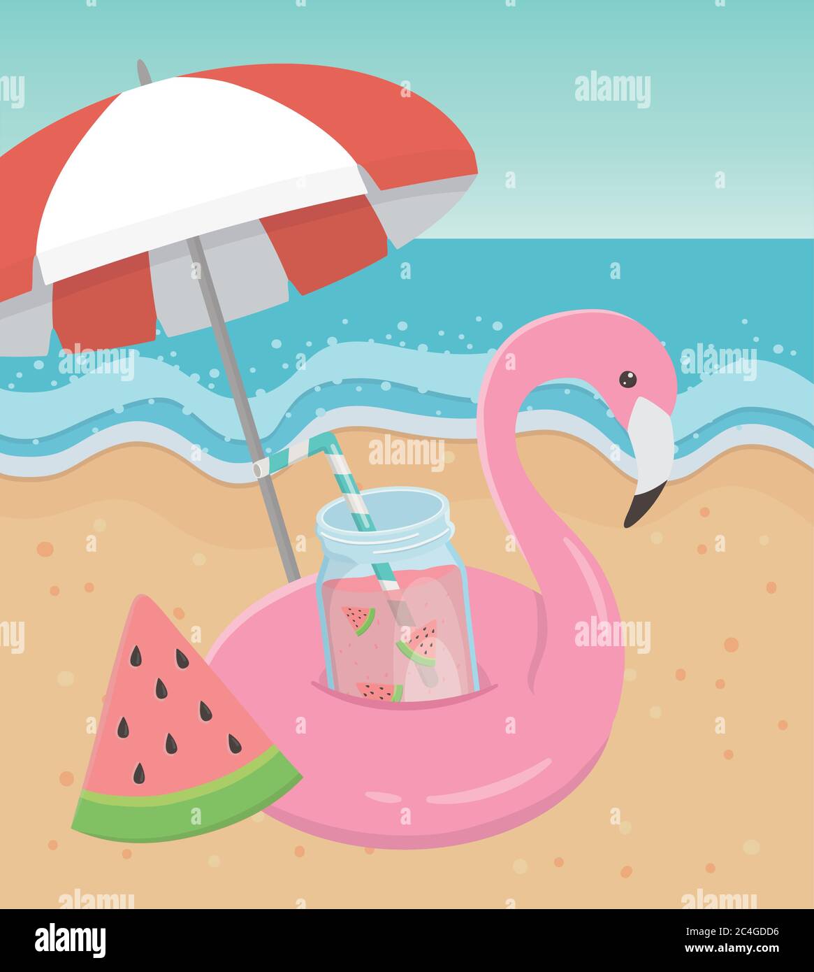summer travel and vacation float flamingo umbrella juice watermelon beach  vector illustration Stock Vector Image & Art - Alamy