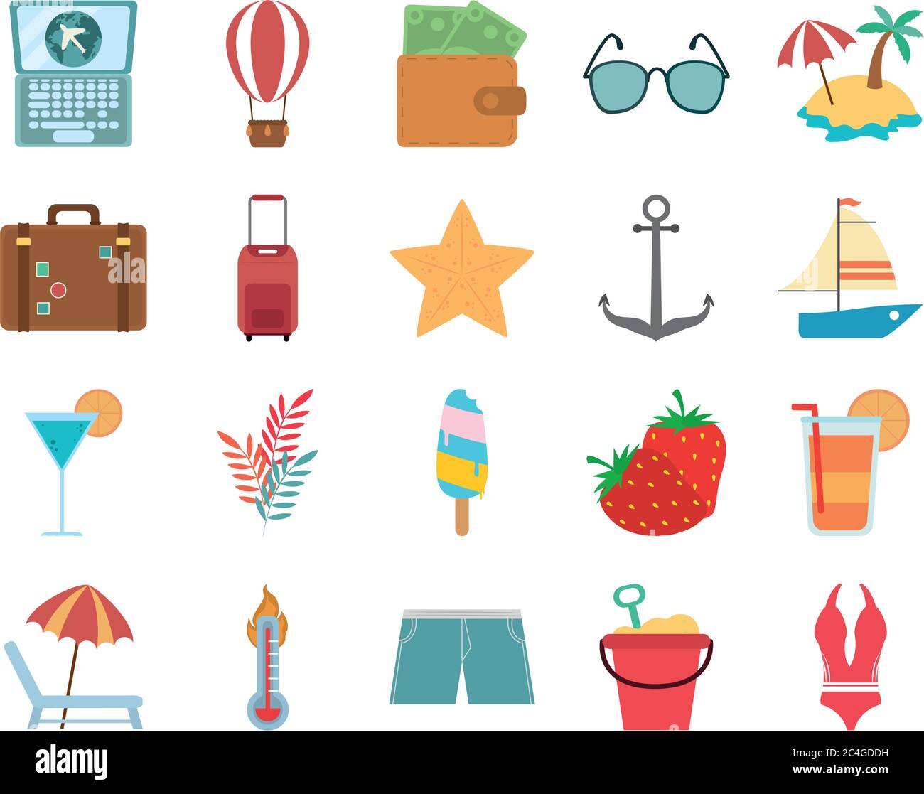 summer travel and vacation in flat style isolated icons set vector ...