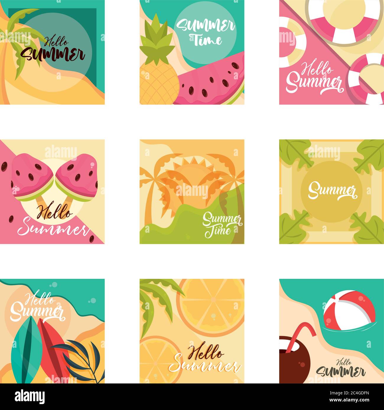 hello summer travel and vacation season banner icons set vector ...