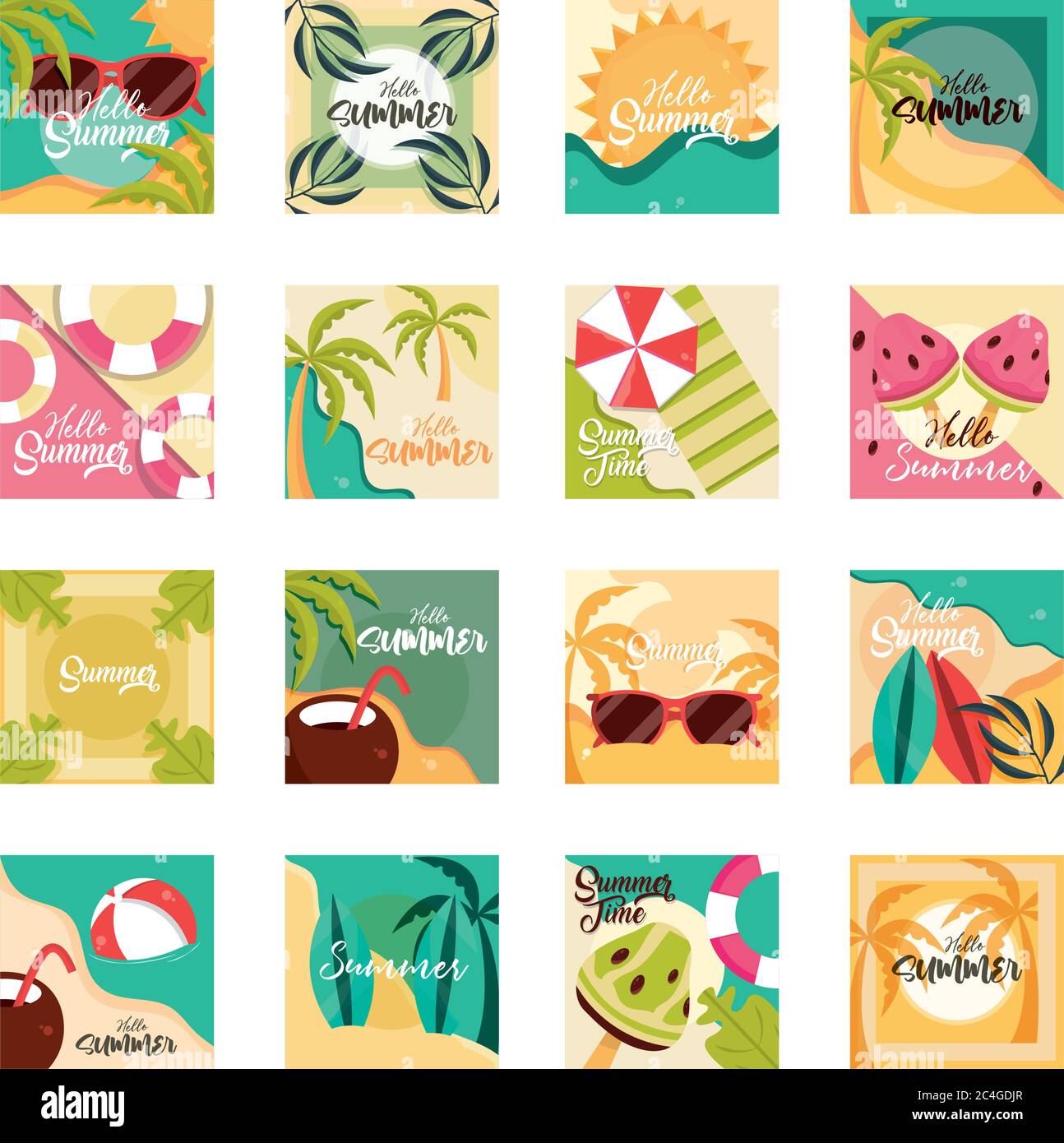 hello summer travel and vacation season banner icons set vector ...