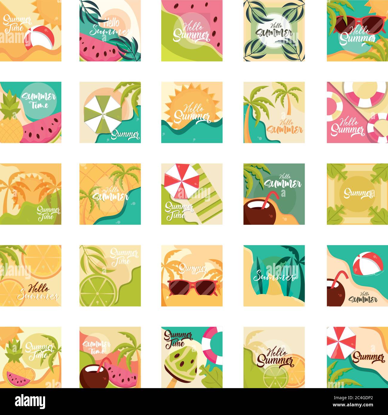 hello summer travel and vacation season banner icons set vector ...