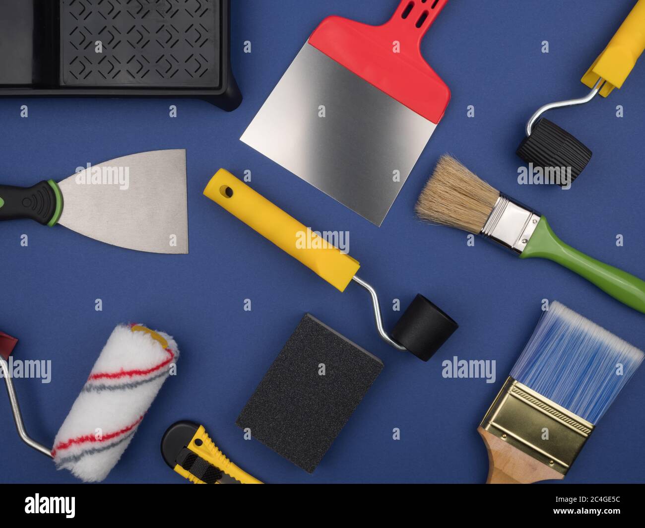 Construction tools for finishing works. Accessories a painter. Blue