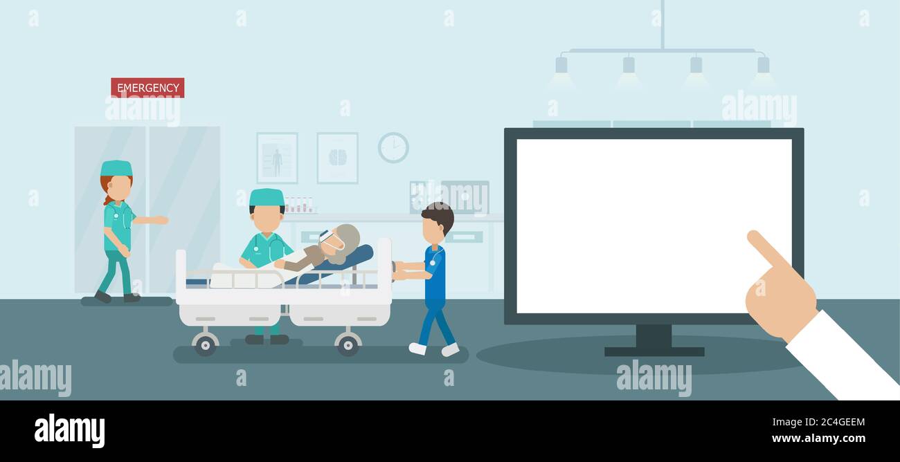 Medical service concept with blank screen monitor and critical patients flat design vector illustration Stock Vector