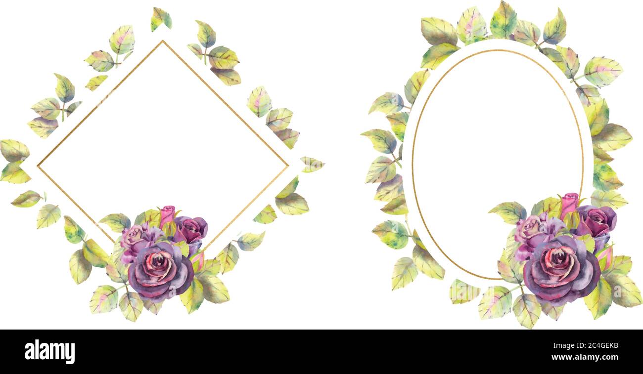 2 Gold geometric frame with flowers of roses dark color. Compositions ...